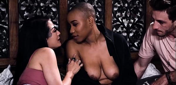  Katrina Jade shares big cock with ebony babe in 3way